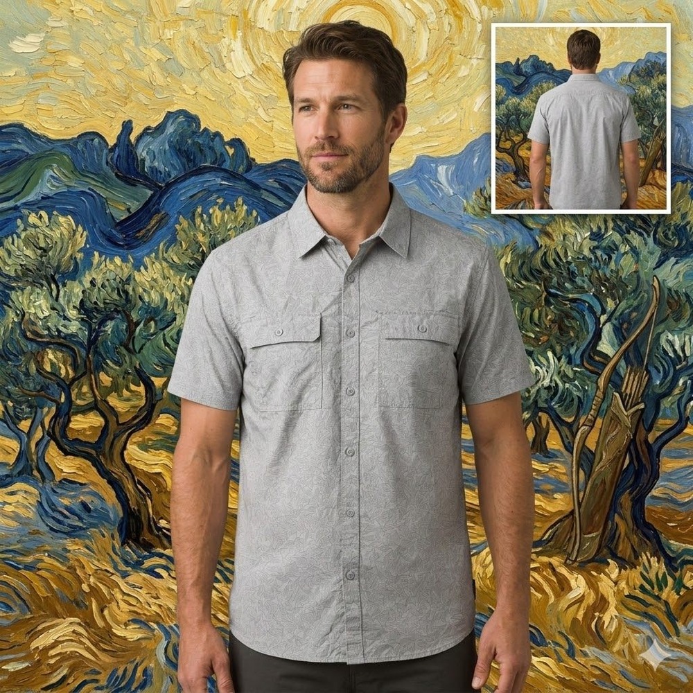 Prana Mens Slim Fit Short Sleeve Button Down Gray Geometric Shirt 1965571 M
